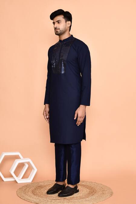 Shop_Arihant Rai Sinha_Blue Cotton Embroidery Solid Geometric Placket Kurta With Pant_Online_at_Aza_Fashions