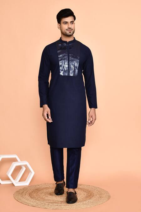 Buy_Arihant Rai Sinha_Blue Cotton Embroidery Solid Geometric Placket Kurta With Pant