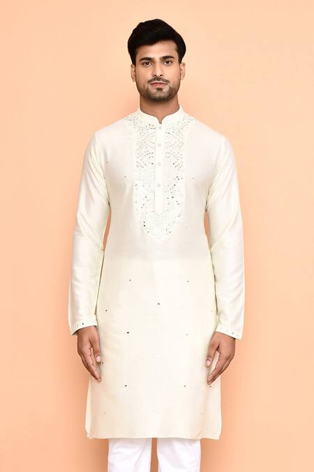 Shop_Arihant Rai Sinha_Cream Silk, Cotton Mirrors, Embroidery Kurta With Pant_Online_at_Aza_Fashions