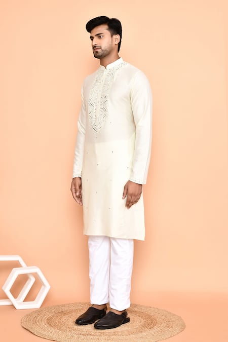 Arihant Rai Sinha_Cream Silk, Cotton Mirrors, Embroidery Kurta With Pant_at_Aza_Fashions