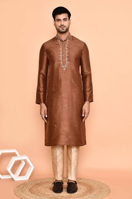 Buy_Arihant Rai Sinha_Brown Silk Embroidery Mini Flora Kurta With Pant _Online_at_Aza_Fashions