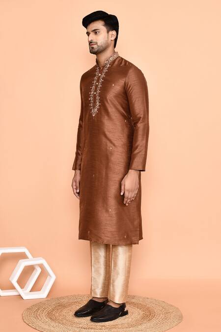 Shop_Arihant Rai Sinha_Brown Silk Embroidery Mini Flora Kurta With Pant _Online_at_Aza_Fashions