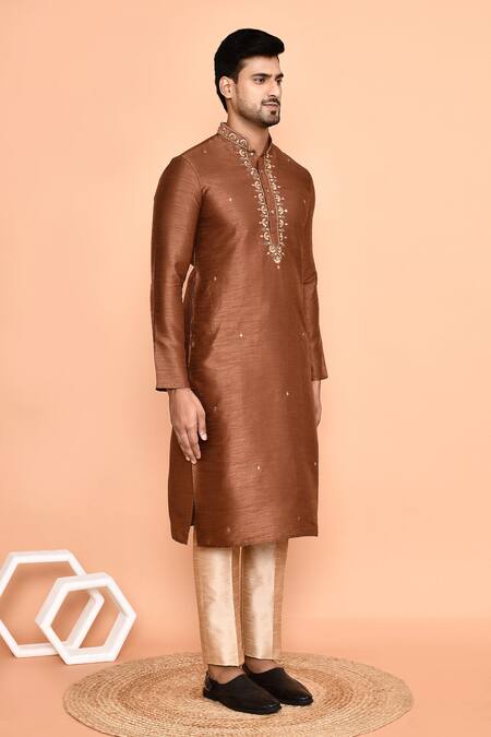 Arihant Rai Sinha_Brown Silk Embroidery Mini Flora Kurta With Pant _at_Aza_Fashions