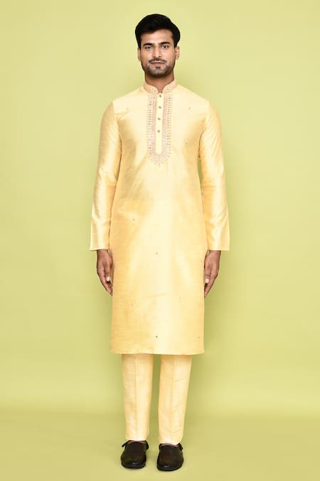 Buy_Arihant Rai Sinha_Yellow Silk Sequins, Embroidery Kurta With Pant _Online_at_Aza_Fashions