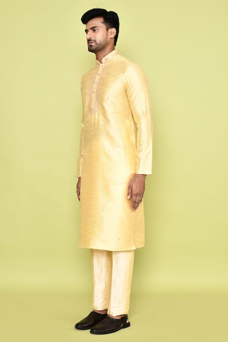 Shop_Arihant Rai Sinha_Yellow Silk Sequins, Embroidery Kurta With Pant _Online_at_Aza_Fashions