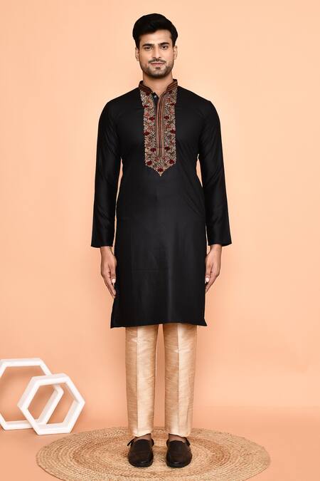 Buy_Arihant Rai Sinha_Black Cotton, Silk Embroidery Rose Kurta With Pant _Online_at_Aza_Fashions