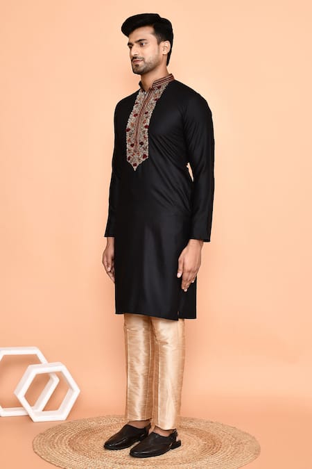 Shop_Arihant Rai Sinha_Black Cotton, Silk Embroidery Rose Kurta With Pant _Online_at_Aza_Fashions