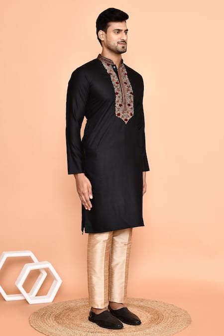 Arihant Rai Sinha_Black Cotton, Silk Embroidery Rose Kurta With Pant _at_Aza_Fashions