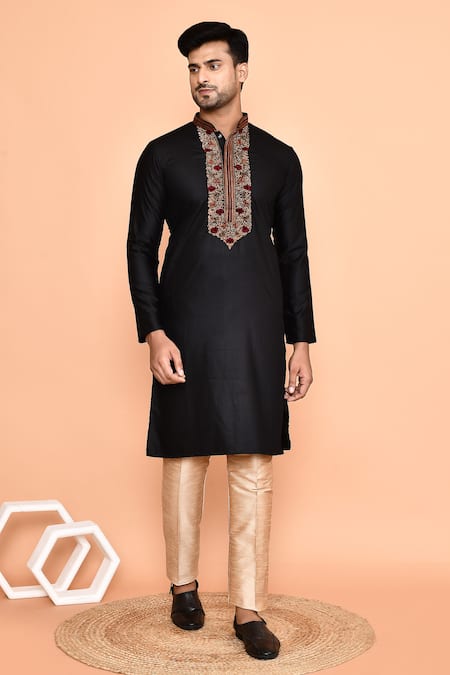 Buy_Arihant Rai Sinha_Black Cotton, Silk Embroidery Rose Kurta With Pant 