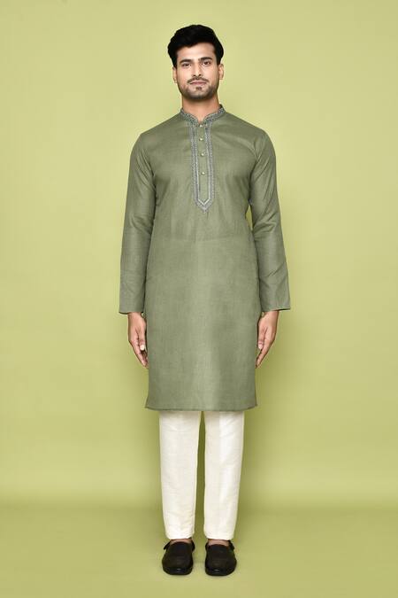 Buy_Arihant Rai Sinha_Green Cotton Embroidery Neck Kurta With Pant _Online_at_Aza_Fashions