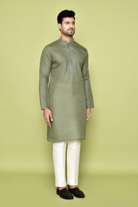 Arihant Rai Sinha_Green Cotton Embroidery Neck Kurta With Pant _at_Aza_Fashions