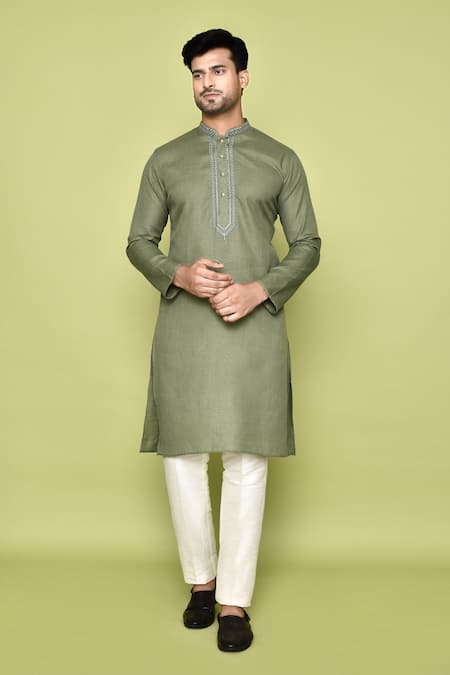 Buy_Arihant Rai Sinha_Green Cotton Embroidery Neck Kurta With Pant 