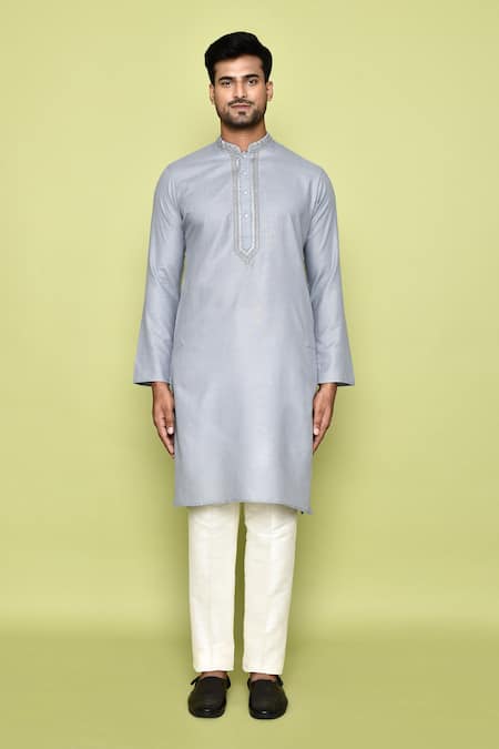 Buy_Arihant Rai Sinha_Grey Cotton Embroidery Abstract Neck Kurta With Pant _Online_at_Aza_Fashions