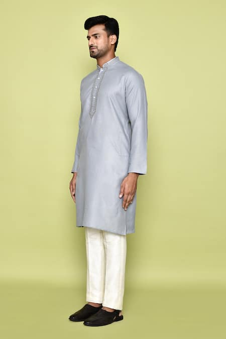 Shop_Arihant Rai Sinha_Grey Cotton Embroidery Abstract Neck Kurta With Pant _Online_at_Aza_Fashions