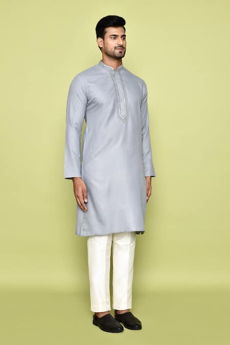 Arihant Rai Sinha_Grey Cotton Embroidery Abstract Neck Kurta With Pant _at_Aza_Fashions