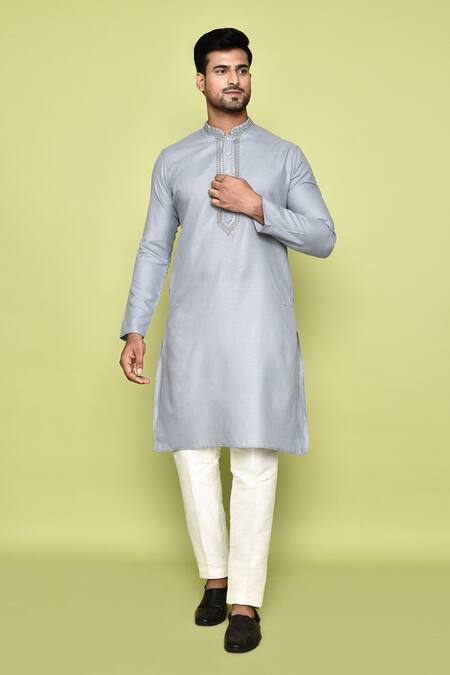 Buy_Arihant Rai Sinha_Grey Cotton Embroidery Abstract Neck Kurta With Pant 