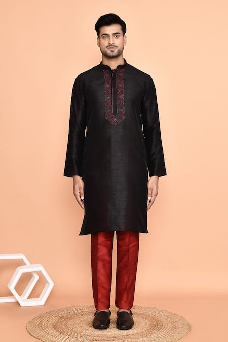 Arihant Rai Sinha_Black Denim, Silk Embroidery Thread Kurta With Pant _Online_at_Aza_Fashions