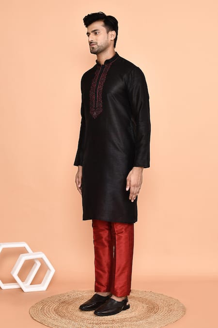 Buy_Arihant Rai Sinha_Black Denim, Silk Embroidery Thread Kurta With Pant _Online_at_Aza_Fashions