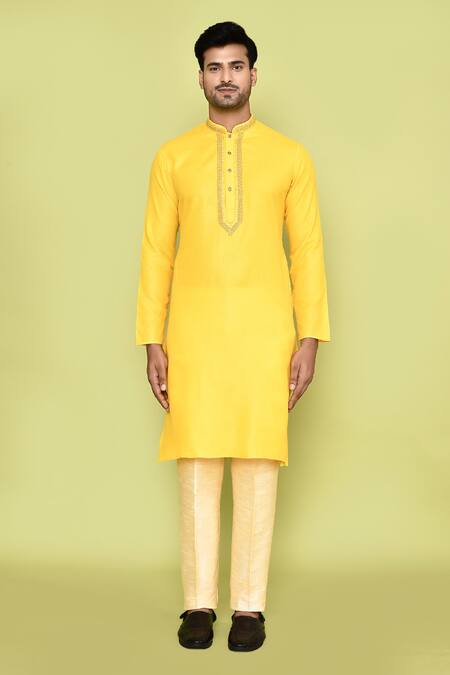 Buy_Arihant Rai Sinha_Yellow Cotton Beads, Embroidery Kurta With Pant _Online_at_Aza_Fashions