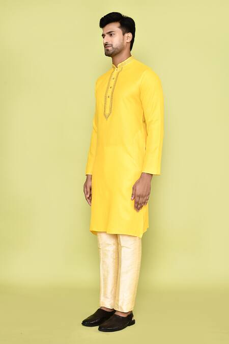Shop Arihant Rai Sinha Yellow Cotton Beads, Embroidery Kurta With Pant Online at Aza Fashions Shop_Arihant Rai Sinha_Yellow Cotton Beads, Embroidery Kurta With Pant _Online_at_Aza_Fashions