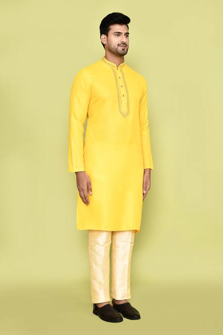 Arihant Rai Sinha Yellow Cotton Beads, Embroidery Kurta With Pant at Aza Fashions Arihant Rai Sinha_Yellow Cotton Beads, Embroidery Kurta With Pant _at_Aza_Fashions