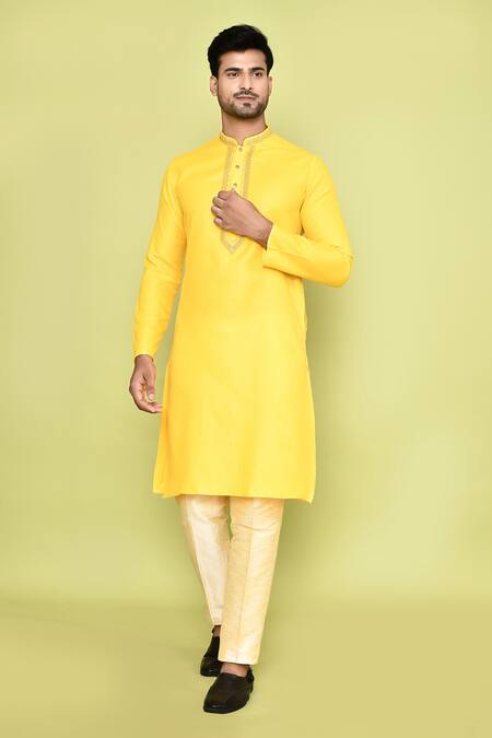 Buy_Arihant Rai Sinha_Yellow Cotton Beads, Embroidery Kurta With Pant 