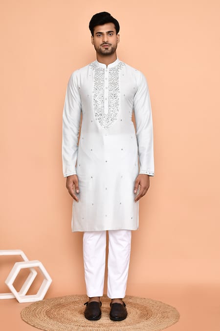Arihant Rai Sinha_White Silk, Cotton Mirrors, Embroidery Work Kurta Set _Online_at_Aza_Fashions