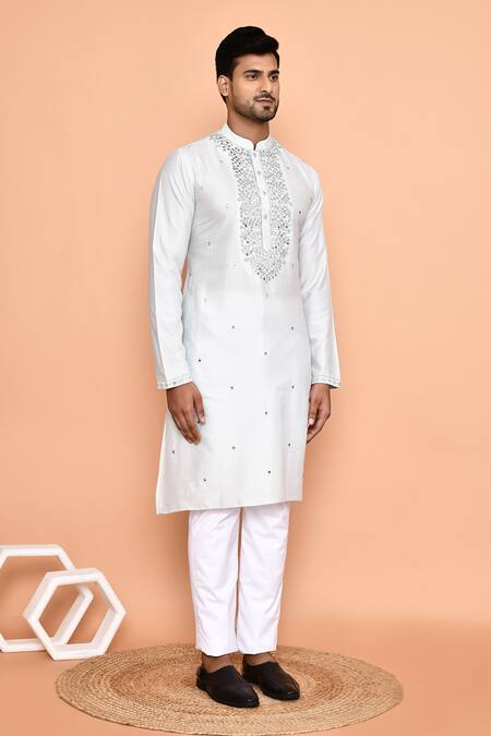 Arihant Rai Sinha_White Silk, Cotton Mirrors, Embroidery Work Kurta Set _at_Aza_Fashions