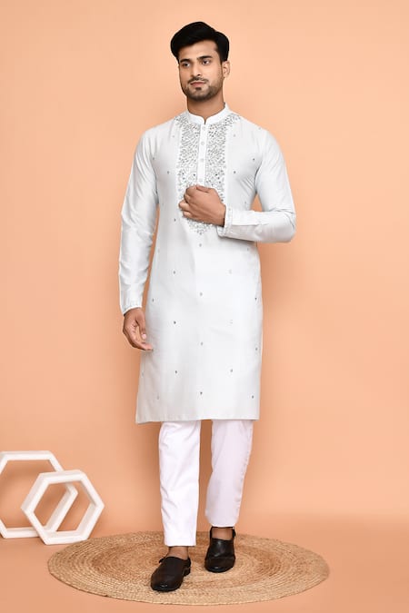 Buy_Arihant Rai Sinha_White Silk, Cotton Mirrors, Embroidery Work Kurta Set 