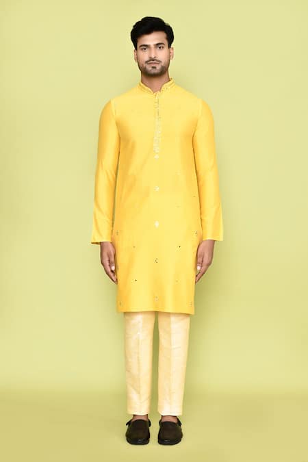 Buy_Arihant Rai Sinha_Yellow Silk Mirrors, Embroidery Thread Kurta With Pant_Online_at_Aza_Fashions