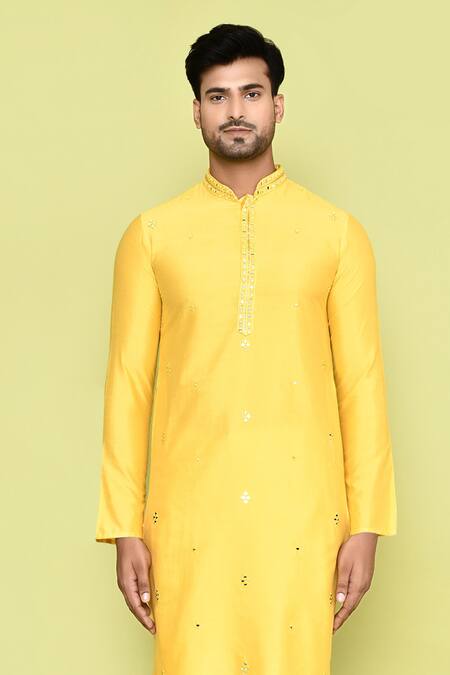 Shop_Arihant Rai Sinha_Yellow Silk Mirrors, Embroidery Thread Kurta With Pant_Online_at_Aza_Fashions