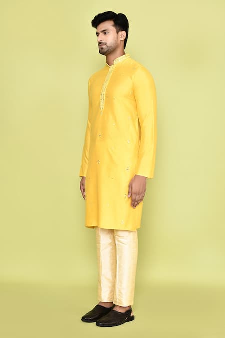Arihant Rai Sinha_Yellow Silk Mirrors, Embroidery Thread Kurta With Pant_at_Aza_Fashions