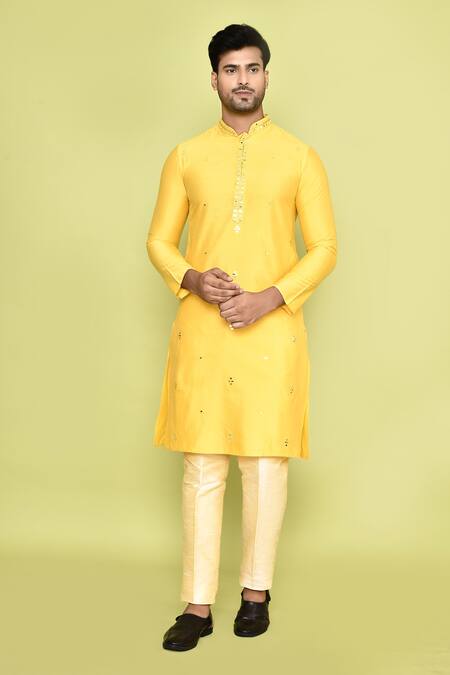 Shop_Arihant Rai Sinha_Yellow Silk Mirrors, Embroidery Thread Kurta With Pant