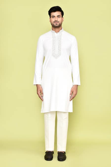Buy_Arihant Rai Sinha_Cream Cotton Embroidery Thread Placement Kurta With Pant _Online_at_Aza_Fashions