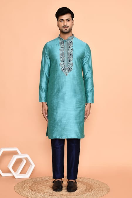 Buy_Arihant Rai Sinha_Blue Silk Embroidery Floral Thread Kurta With Pant_Online_at_Aza_Fashions