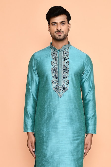 Shop_Arihant Rai Sinha_Blue Silk Embroidery Floral Thread Kurta With Pant_Online_at_Aza_Fashions