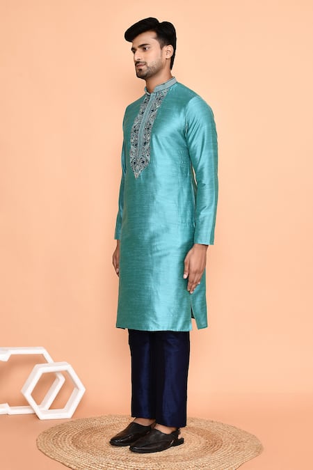 Arihant Rai Sinha_Blue Silk Embroidery Floral Thread Kurta With Pant_at_Aza_Fashions