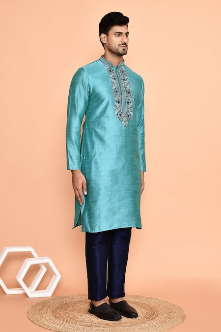 Buy_Arihant Rai Sinha_Blue Silk Embroidery Floral Thread Kurta With Pant