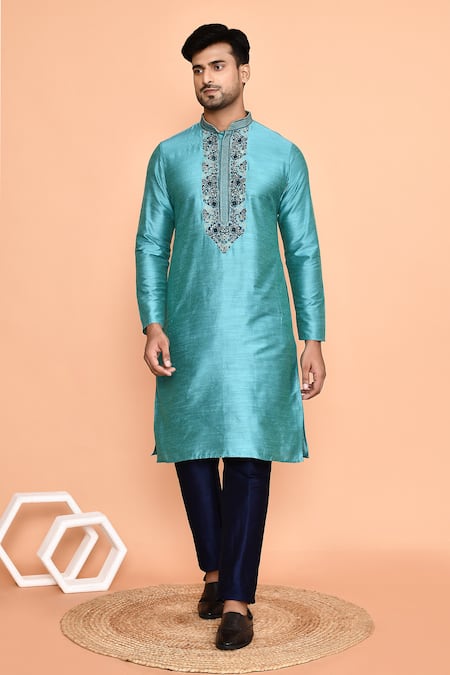Shop_Arihant Rai Sinha_Blue Silk Embroidery Floral Thread Kurta With Pant