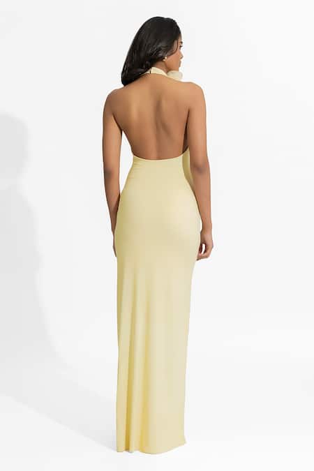 Deme By Gabriella Yellow Organza, Lycra Applique Halter Neck Adela Dress Online at Aza Fashions Deme By Gabriella_Yellow Organza, Lycra Applique Halter Neck Adela Dress _Online_at_Aza_Fashions
