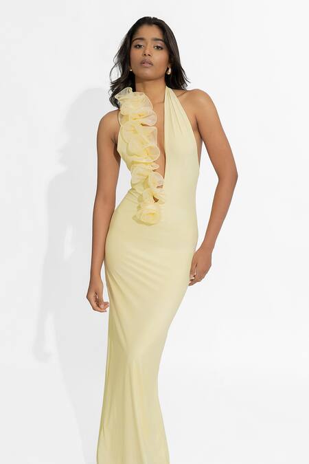 Buy Deme By Gabriella Yellow Organza, Lycra Applique Halter Neck Adela Dress Online at Aza Fashions Buy_Deme By Gabriella_Yellow Organza, Lycra Applique Halter Neck Adela Dress _Online_at_Aza_Fashions