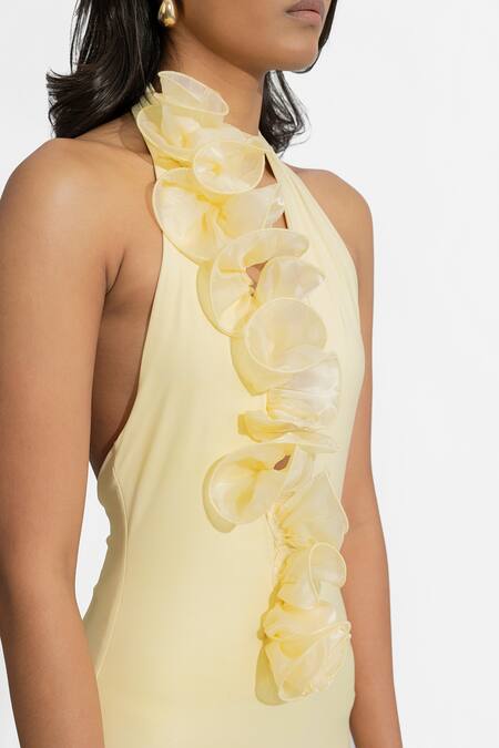 Shop Deme By Gabriella Yellow Organza, Lycra Applique Halter Neck Adela Dress Online at Aza Fashions Shop_Deme By Gabriella_Yellow Organza, Lycra Applique Halter Neck Adela Dress _Online_at_Aza_Fashions