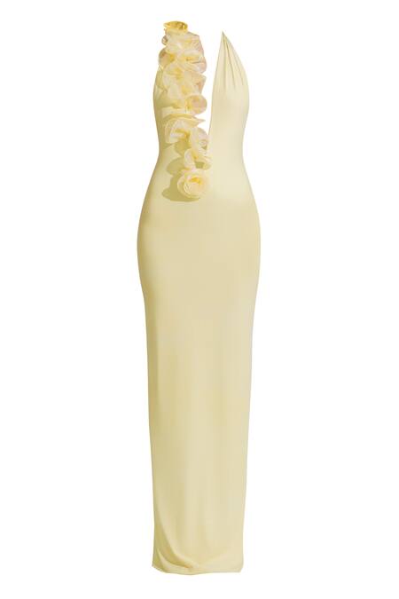 Deme By Gabriella Yellow Organza, Lycra Applique Halter Neck Adela Dress at Aza Fashions Deme By Gabriella_Yellow Organza, Lycra Applique Halter Neck Adela Dress _at_Aza_Fashions