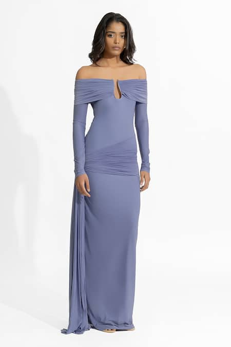 Deme by Gabriella Blue Malai Lycra Plain Off Shoulder Aleksy Draped Dress 