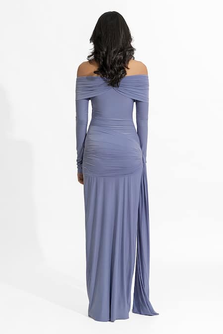 Deme By Gabriella Blue Lycra Off-shoulder Aleksy Draped Off Dress Online at Aza Fashions Deme By Gabriella_Blue Lycra Off-shoulder Aleksy Draped Off Dress _Online_at_Aza_Fashions