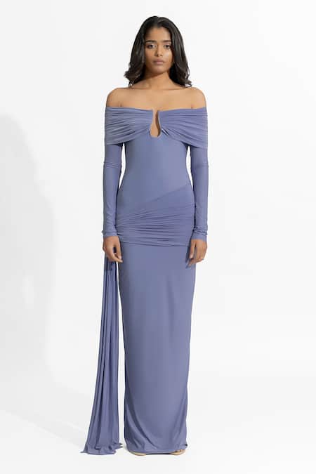 Buy Deme By Gabriella Blue Lycra Off-shoulder Aleksy Draped Off Dress Online at Aza Fashions Buy_Deme By Gabriella_Blue Lycra Off-shoulder Aleksy Draped Off Dress _Online_at_Aza_Fashions