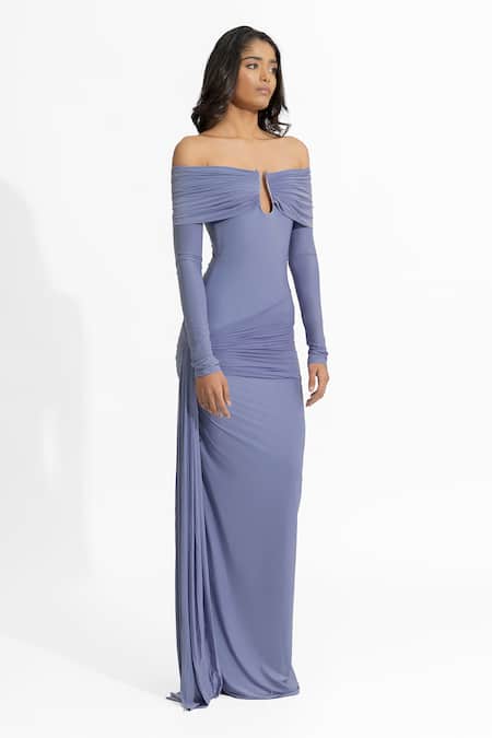 Shop Deme By Gabriella Blue Lycra Off-shoulder Aleksy Draped Off Dress Online at Aza Fashions Shop_Deme By Gabriella_Blue Lycra Off-shoulder Aleksy Draped Off Dress _Online_at_Aza_Fashions