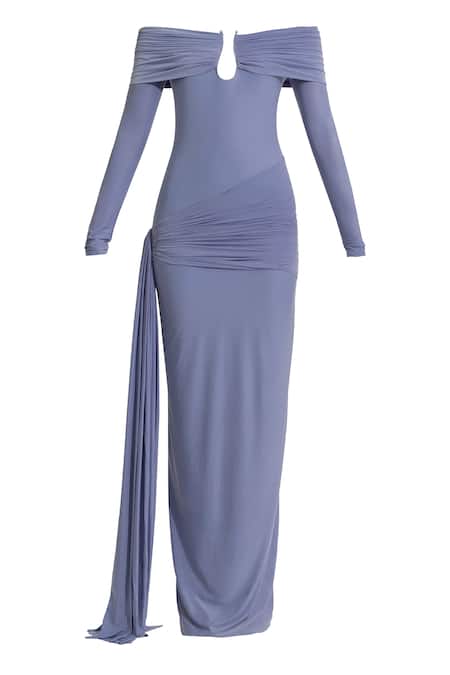 Deme By Gabriella Blue Lycra Off-shoulder Aleksy Draped Off Dress at Aza Fashions Deme By Gabriella_Blue Lycra Off-shoulder Aleksy Draped Off Dress _at_Aza_Fashions