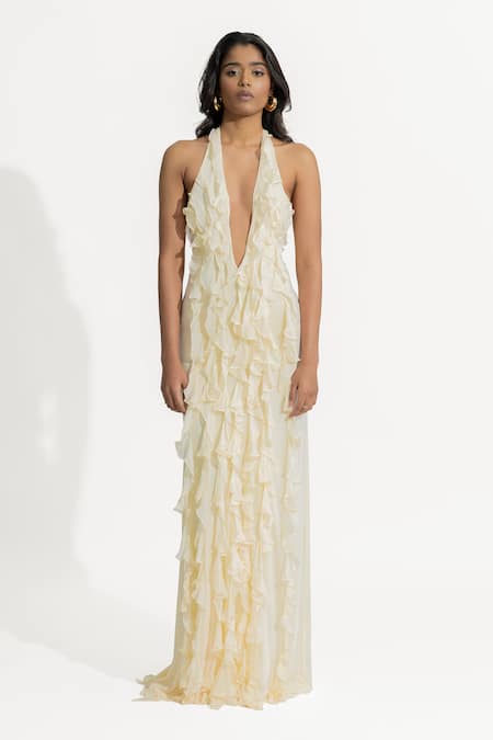 Deme by Gabriella Off White Malai Lycra Ruffle Halter Neck Ela Dress 