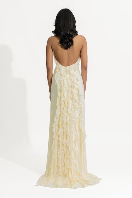 Deme By Gabriella Off White Net, Chiffon, Lycra Ruffles Halter Neck Ela Dress Online at Aza Fashions Deme By Gabriella_Off White Net, Chiffon, Lycra Ruffles Halter Neck Ela Dress _Online_at_Aza_Fashions